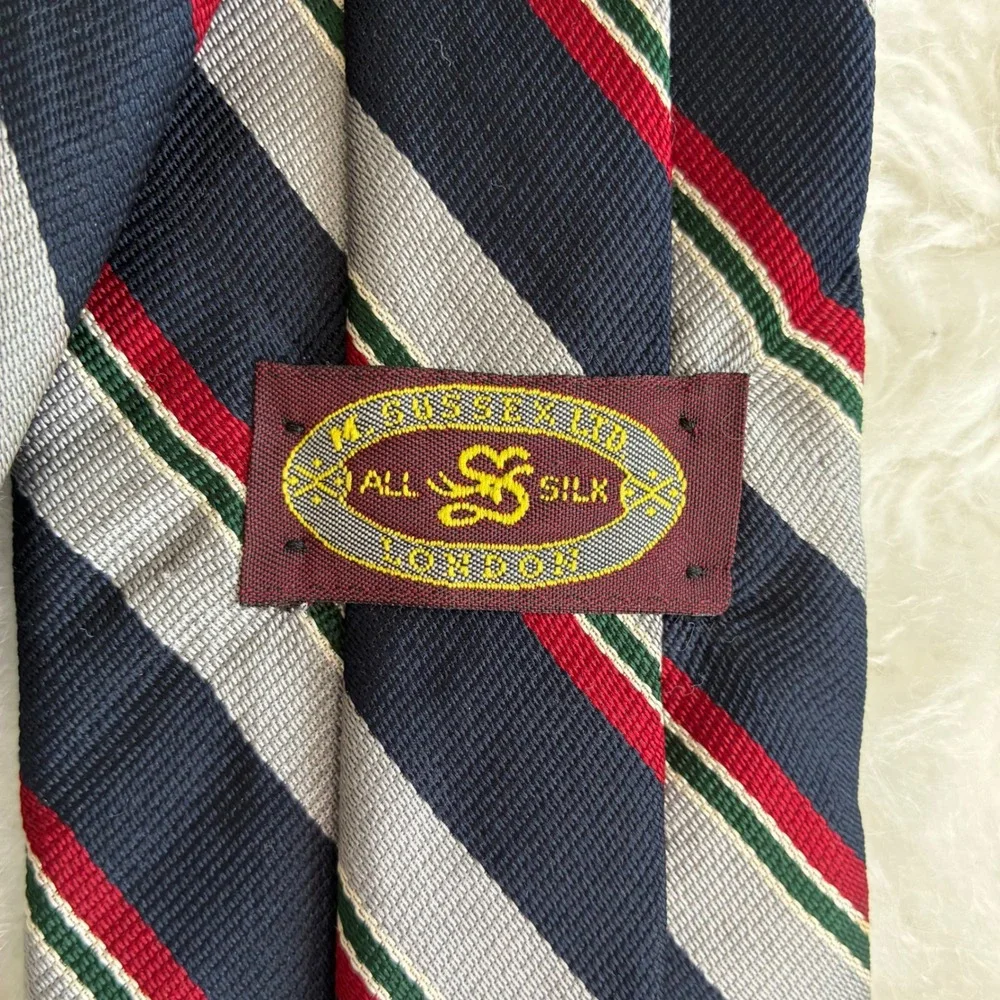 Sussex Ltd London‎ Mens Vintage Silk Tie Navy Silver Red Green Regimental Stripe